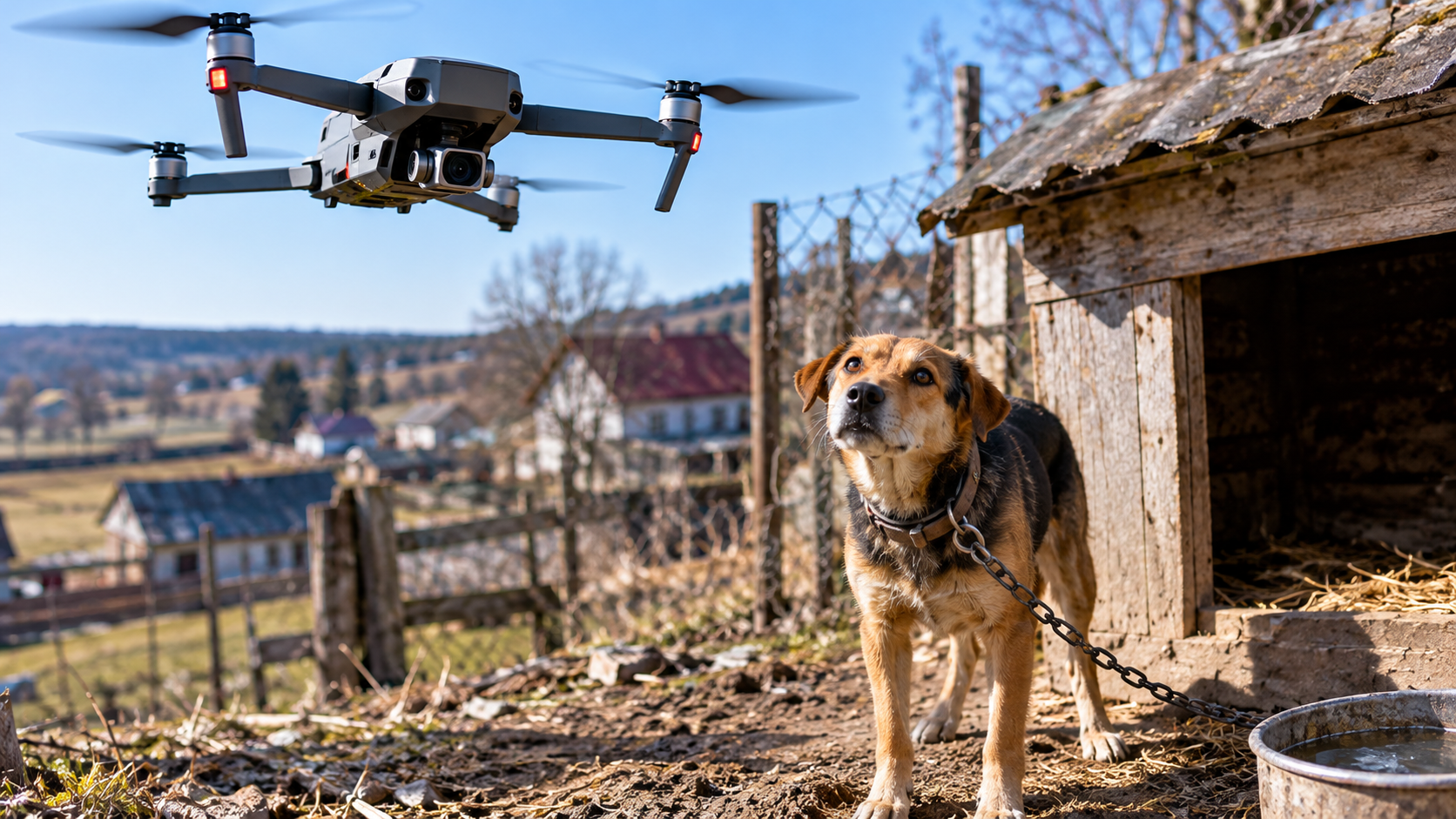 A drone flying above a chained dog standing beside a wooden doghouse in a rural yard.