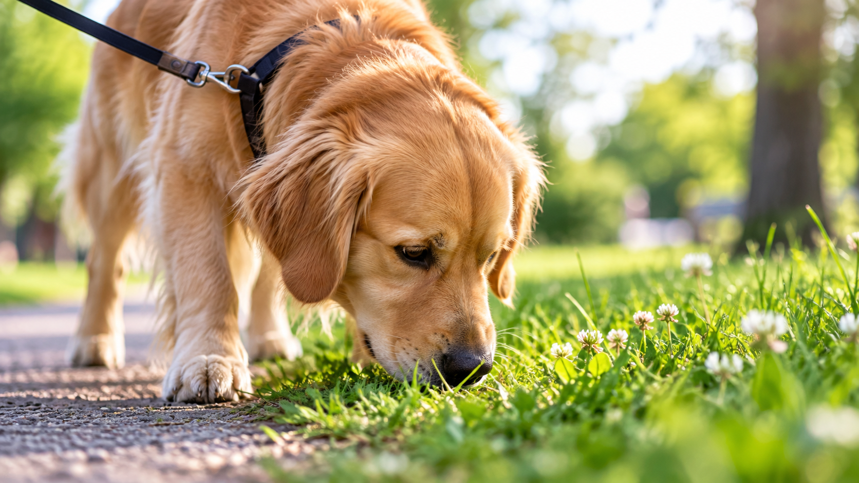 Dog sniffing grass during a relaxing outdoor walk on a leash